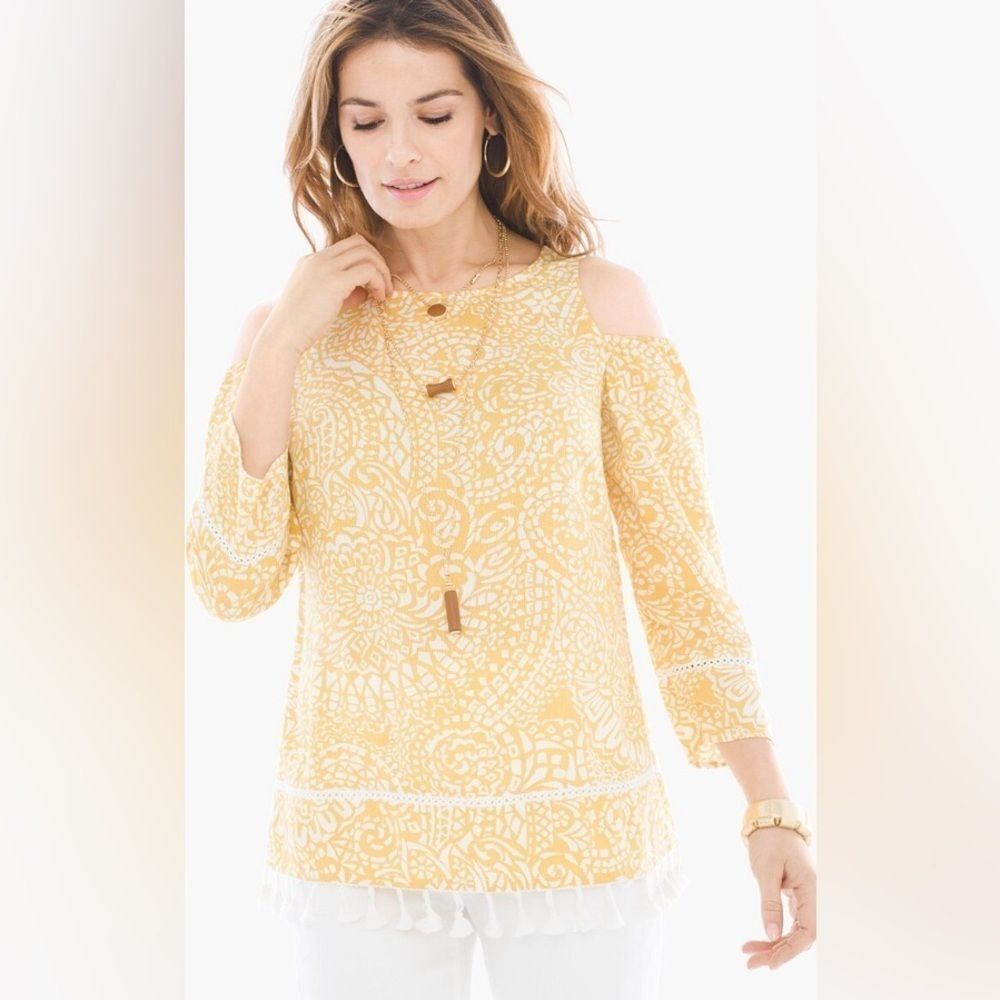 Chicos Weekend Womens Sunny Mosaic Cold-Shoulder Top 3/4 Sleeve Size 2 Medium